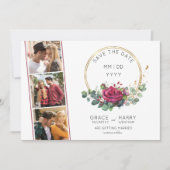 赤いバラとユーカリの金ゴールドフレーム3写真結婚の セーブザデート (正面)