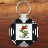 赤いバラと名前を持つ白黒の幾何学的 キーホルダー (正面)