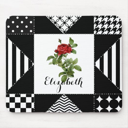 赤いバラと名前を持つ白黒の幾何学的 マウスパッド (正面)