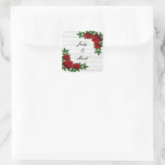 赤いバラと松の枝クリスマスシ結婚ール スクエアシール (バッグ)