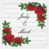 赤いバラと松の枝クリスマスシ結婚ール スクエアシール (正面)