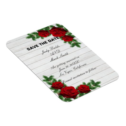 赤いバラと松の枝クリスマスデートを保存 マグネット (右側)