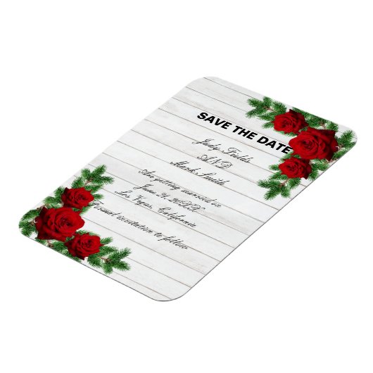 赤いバラと松の枝クリスマスデートを保存 マグネット (左側)