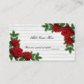 赤いバラと松の枝クリスマス結婚のテーブル プレイスカード (正面)