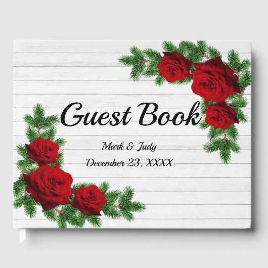 赤いバラと松の枝クリスマス結婚の ゲストブック (正面)