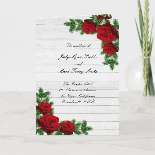 赤いバラと松の枝クリスマス結婚の プログラム (正面)