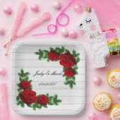 赤いバラと松の枝クリスマス結婚の ペーパープレート (パーティー)