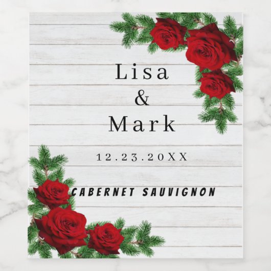 赤いバラと松の枝クリスマス結婚の ワインラベル (シングルラベル)