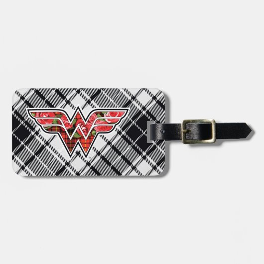 赤いバラと格子柄の女疑問に思のロゴ ラゲッジタグ (正面横)