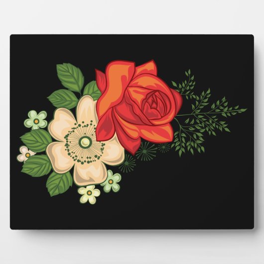 赤いバラと白いデイジー 黒い背景 フォトプラーク (正面)