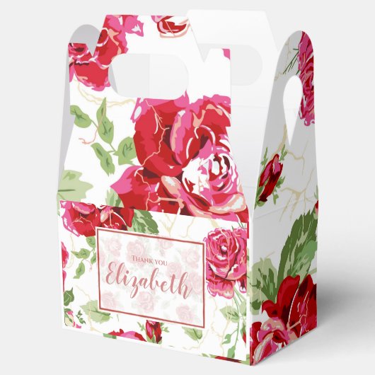 赤いバラと白のクラシックプリントの名札　ギフト フェイバーボックス (オープン)