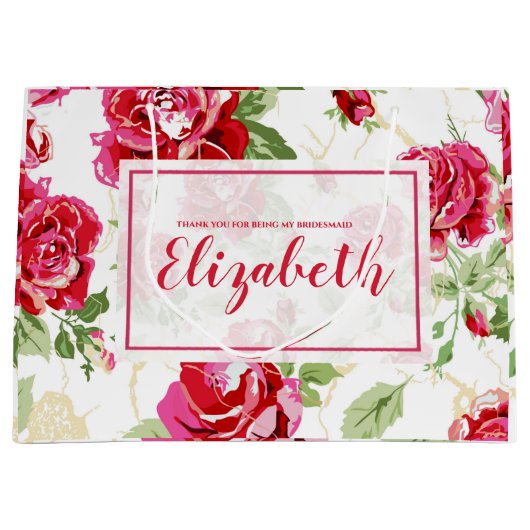 赤いバラと白のクラシックプリント大きなギフトバッグ ラージペーパーバッグ (正面)