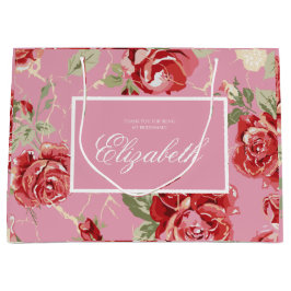 赤いバラと白のクラシックプリント大きなギフトバッグ ラージペーパーバッグ