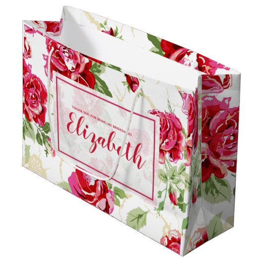 赤いバラと白のクラシックプリント大抱き枕 ラージペーパーバッグ (正面アングル)