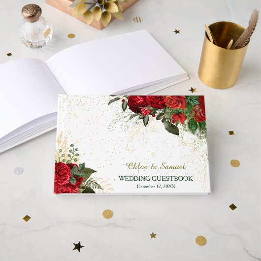 赤いバラと紙吹雪結婚ズ ゲストブック (正面見開き)
