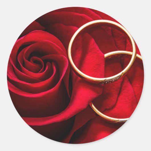 赤いバラと結婚指輪ステッカー ラウンドシール (正面)