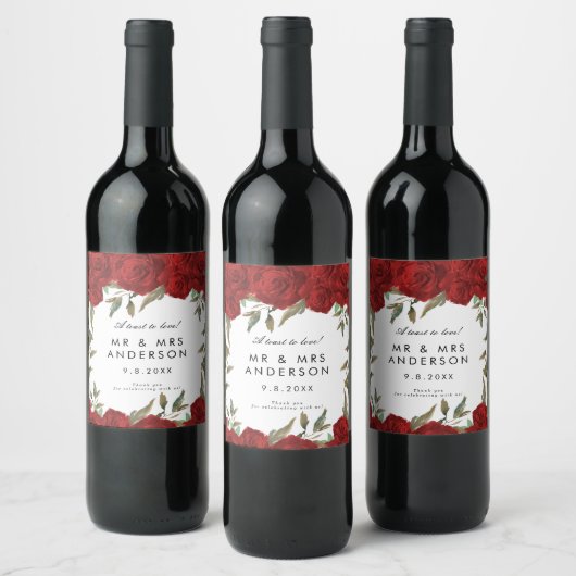 赤いバラと緑のウェディングパーティーボトル ワインラベル (ボトル)