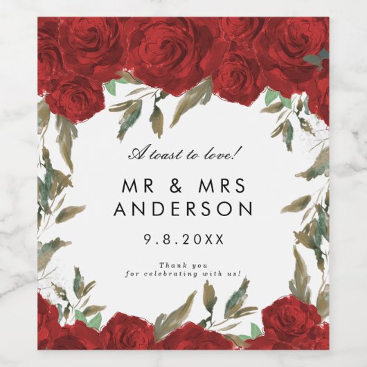 赤いバラと緑のウェディングパーティーボトル ワインラベル (シングルラベル)