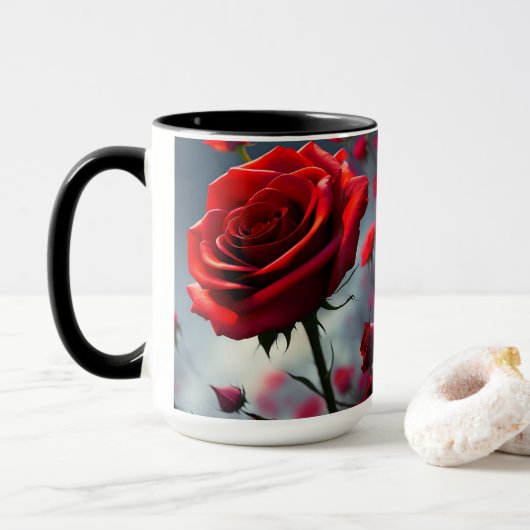 赤いバラと芽、コーヒーマグ マグカップ (ドーナツ付き)