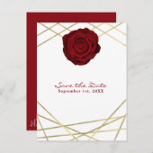 赤いバラと金のラインの花柄エレガントなSave the Date 案内ポストカード (正面/裏面)
