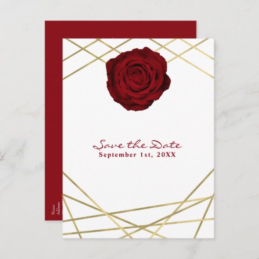 赤いバラと金のラインの花柄エレガントなSave the Date 案内ポストカード (正面/裏面)