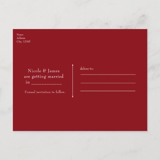 赤いバラと金のラインの花柄エレガントなSave the Date 案内ポストカード (裏面)