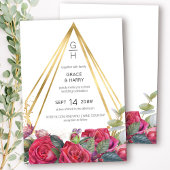 赤いバラと金の幾何学的なプリズムフレームの結婚式 招待状