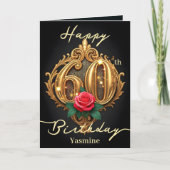 赤いバラと金ゴールドのスクロールワーク番号60誕生日 カード (正面)