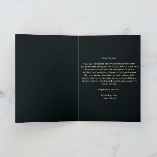 赤いバラと金ゴールドのスクロールワーク番号60誕生日 カード (内部)