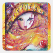 赤いバラと金ゴールドイエローのカーニバルマスク スクエアシール (正面)