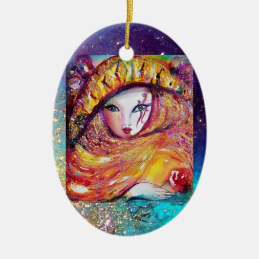 赤いバラと金ゴールドイエローのカーニバルマスク セラミックオーナメント (正面)