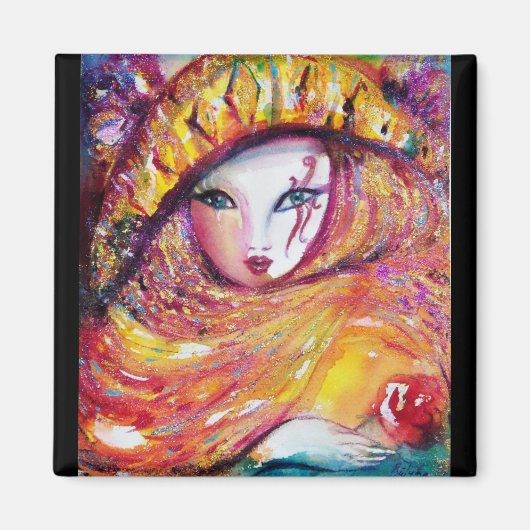 赤いバラと金ゴールドイエローのカーニバルマスク マグネット (正面)