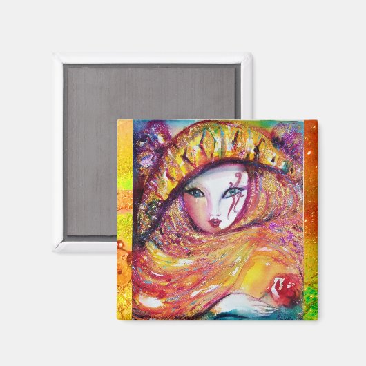 赤いバラと金ゴールドイエローのカーニバルマスク マグネット (正面/裏面)