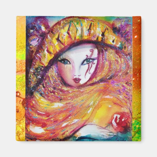 赤いバラと金ゴールドイエローのカーニバルマスク マグネット (正面)