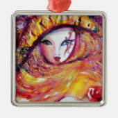 赤いバラと金ゴールドイエローのカーニバルマスク メタルオーナメント (正面)