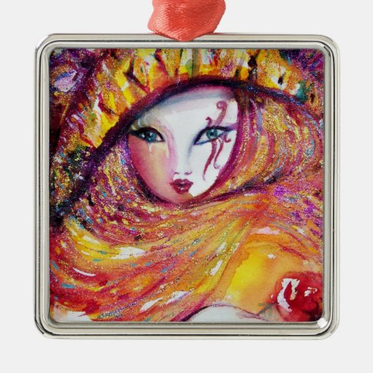 赤いバラと金ゴールドイエローのカーニバルマスク メタルオーナメント (正面)