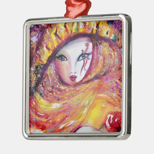 赤いバラと金ゴールドイエローのカーニバルマスク メタルオーナメント (左)