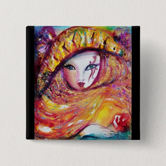 赤いバラと金ゴールドイエローのカーニバルマスク 缶バッジ (正面)