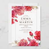 赤いバラと金ゴールドエレガント結婚モダン粉 招待状 (正面)