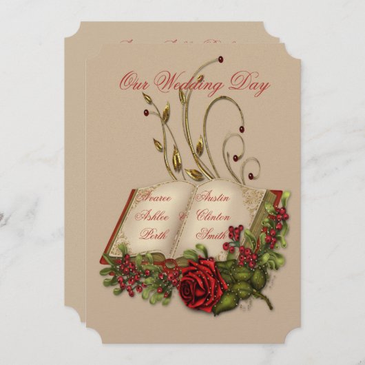 赤いバラと金ゴールドオープンバイブル結婚ズ 招待状 (正面/裏面)