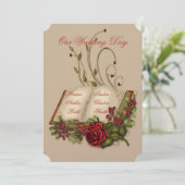 赤いバラと金ゴールドオープンバイブル結婚ズ 招待状 (スタンド正面)