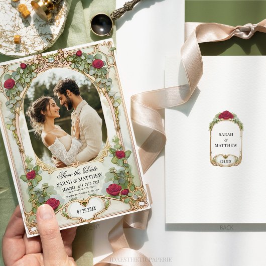 赤いバラと金ゴールドフローラ写真で日付を保存 招待状