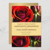 赤いバラと金ゴールド日付の保存 招待状 (正面/裏面)