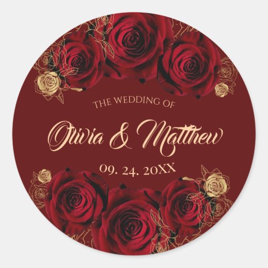 赤いバラと金ゴールド結婚の花 ラウンドシール (正面)