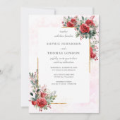 赤いバラと金ゴールド結婚枠 招待状 (正面)