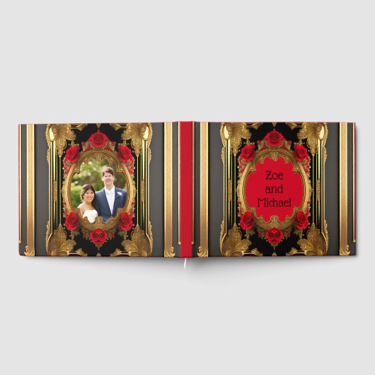 赤いバラと金色のフレーム、ゴシックの写真結婚。 ゲストブック (全面)