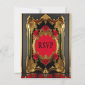 赤いバラと金色のフレーム、ゴシックスタイル結婚ズ 出欠カード (正面)
