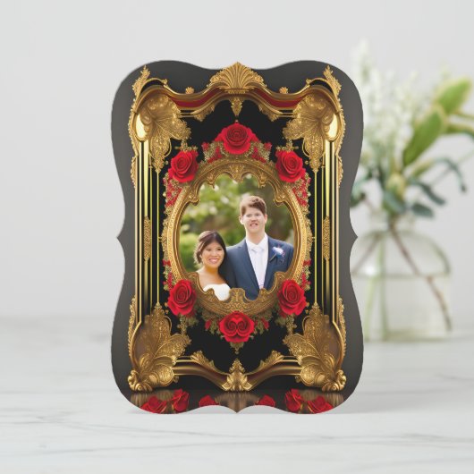 赤いバラと金色のフレーム、ゴシック様式のスタイル写真 (スタンド正面)