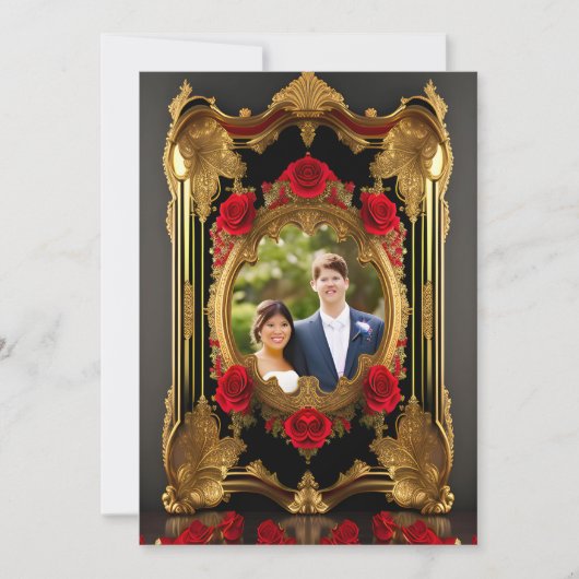 赤いバラと金色のフレーム、ゴシック様式のスタイル写真 招待状 (正面)