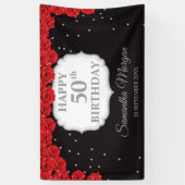 赤いバラと銀の50th誕生日バナー 横断幕 (縦)